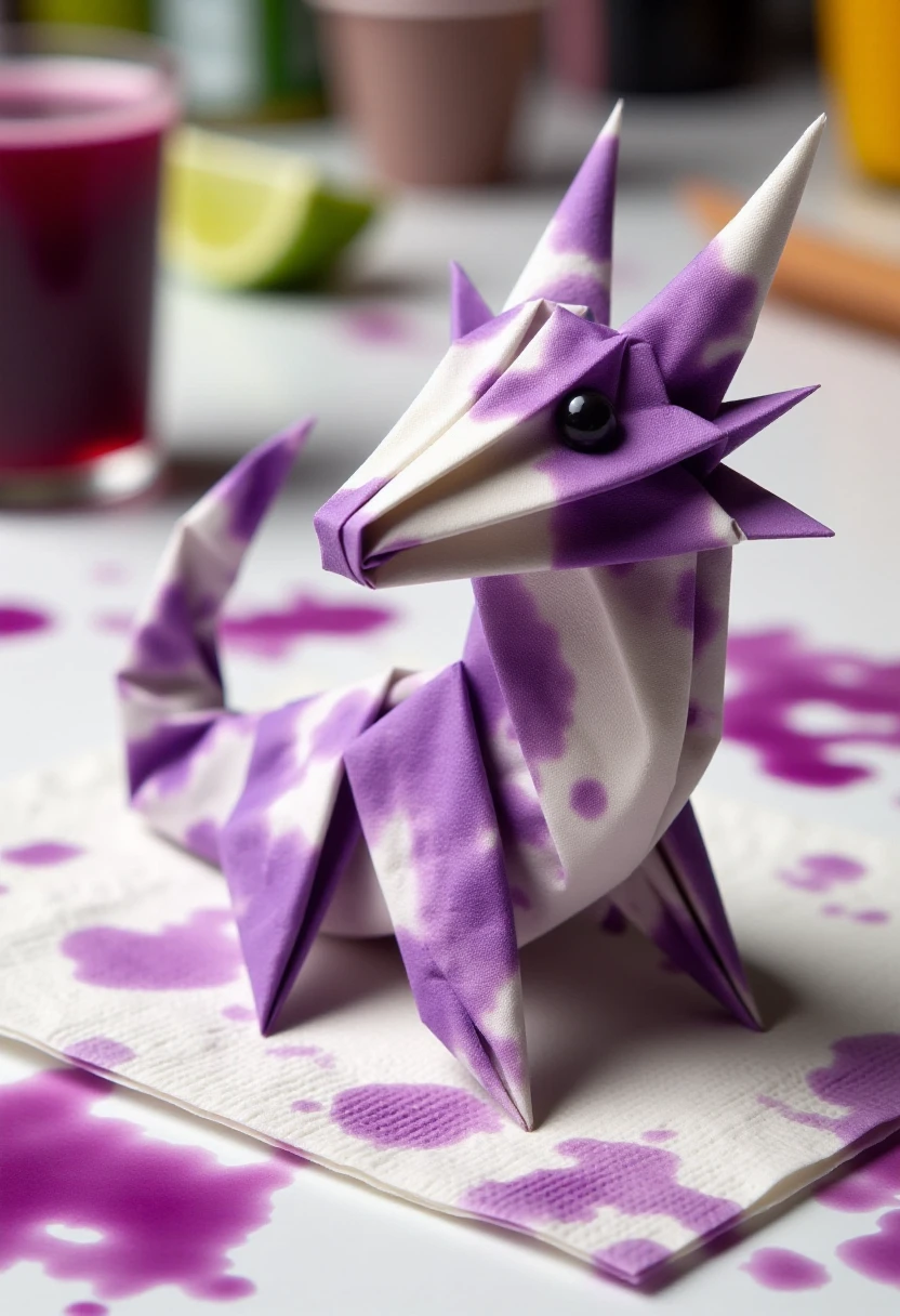 <lora:Napkin_Origami_Orchestrator_FLUX:0.8>
This is a photograph featuring an origami dragon  made from a paper napkin. The dragon is intricately folded with a white base color, splattered with purple juice stains, giving it a unique, artistic appearance.