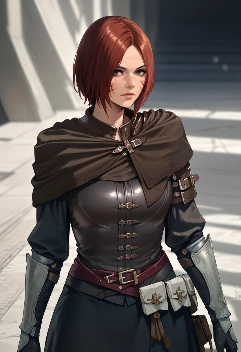 score_9, score_8_up, score_7_up, source_realistic, BREAK 1girl, solo, tarjaffxvi, red hair, facial scar, short hair, capelet, leather shirt, leather armor, elbow gloves, belts, pouches, skirt,