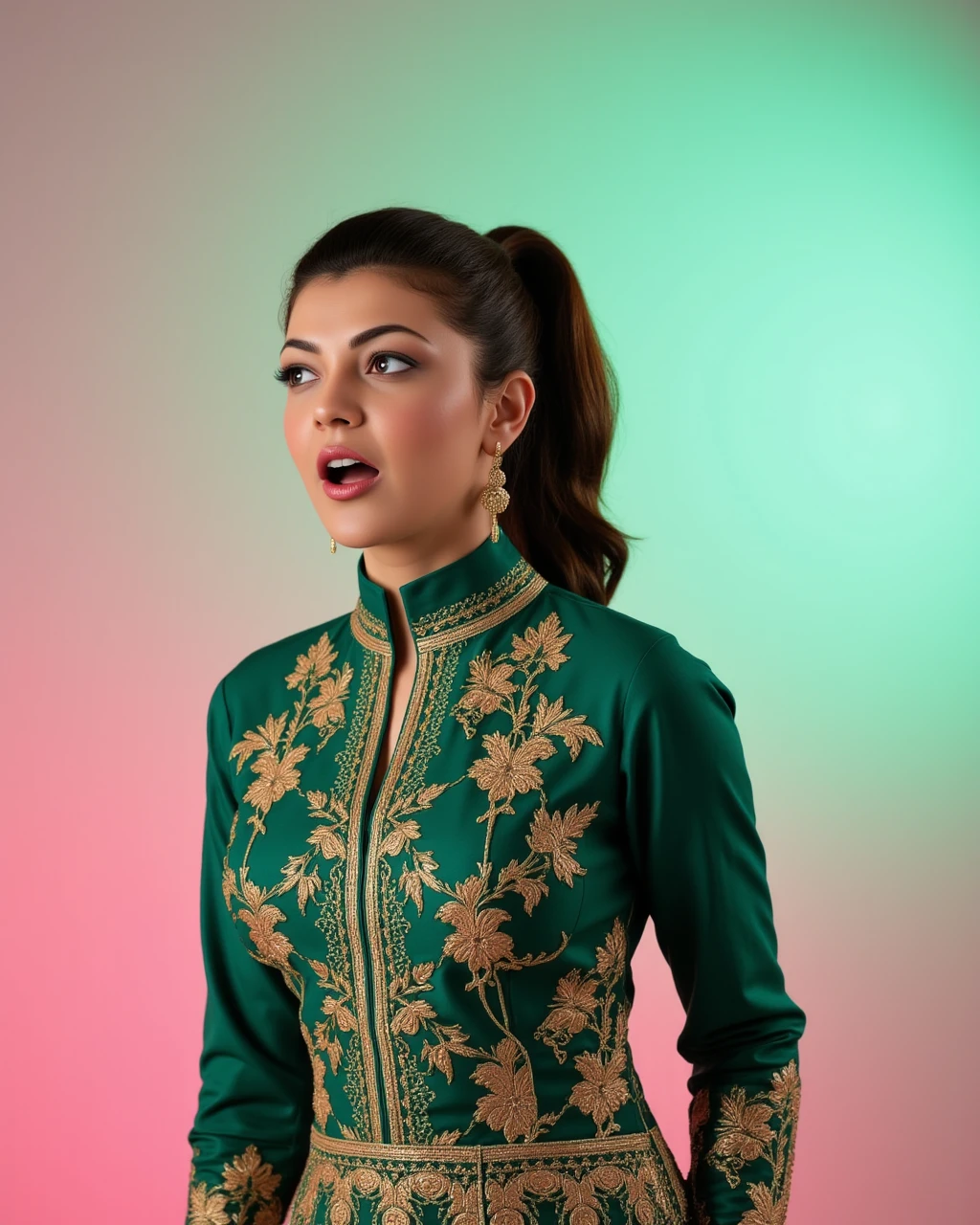 cowboy shot photo of Kajal Aggarwal woman,candid photo with natural colors, shouting expression on face,studio quality, wearing intricate conservative turtleneck Emerald Churidar Suit, high ponytail, pastel shaded multicolored background, cinematic soft lighting<lora:TestBed\Kajal_Aggarwal_2024_Flux_Kohya_LoRA_v1.safetensors:1.0:1.0>