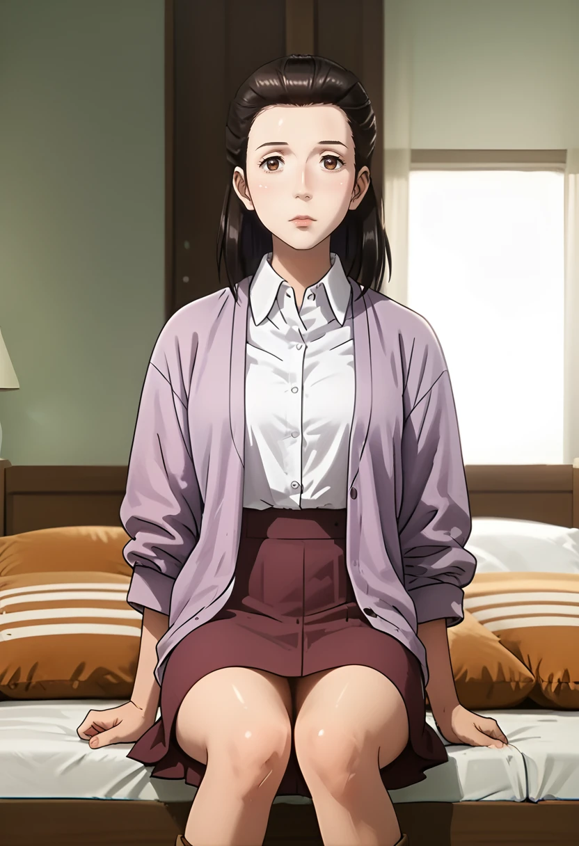 score_9, score_8_up, score_7_up, score_6_up, score_5_up, 1girl, <lora:Nobuko_Izumi_-_Parasyte:0.8> Nobuko Izumi, brown eyes, brown hair, white shirt, collared shirt, purple coat, brown skirt, big eyes, sexy, female focus, fantasy, expressive, skindentation, 1female, masterpiece, 32K HD, beautiful attention to detail, detailed eyes, shiny skin, showing lots of skin, wide lens, perfect hands, perfect eyes, 2d, anime, source_anime, anime screencap, anime coloring, flat shadows, flat colors, hentai, source_hentai, looking at viewer, expressionless, blush, zPDXL2, zPDXLxxx, mature content, nsfw, rating explicit, clothed female, uncensored, indoors, bedroom, knee out of frame, feet out of frame, full body, sandals