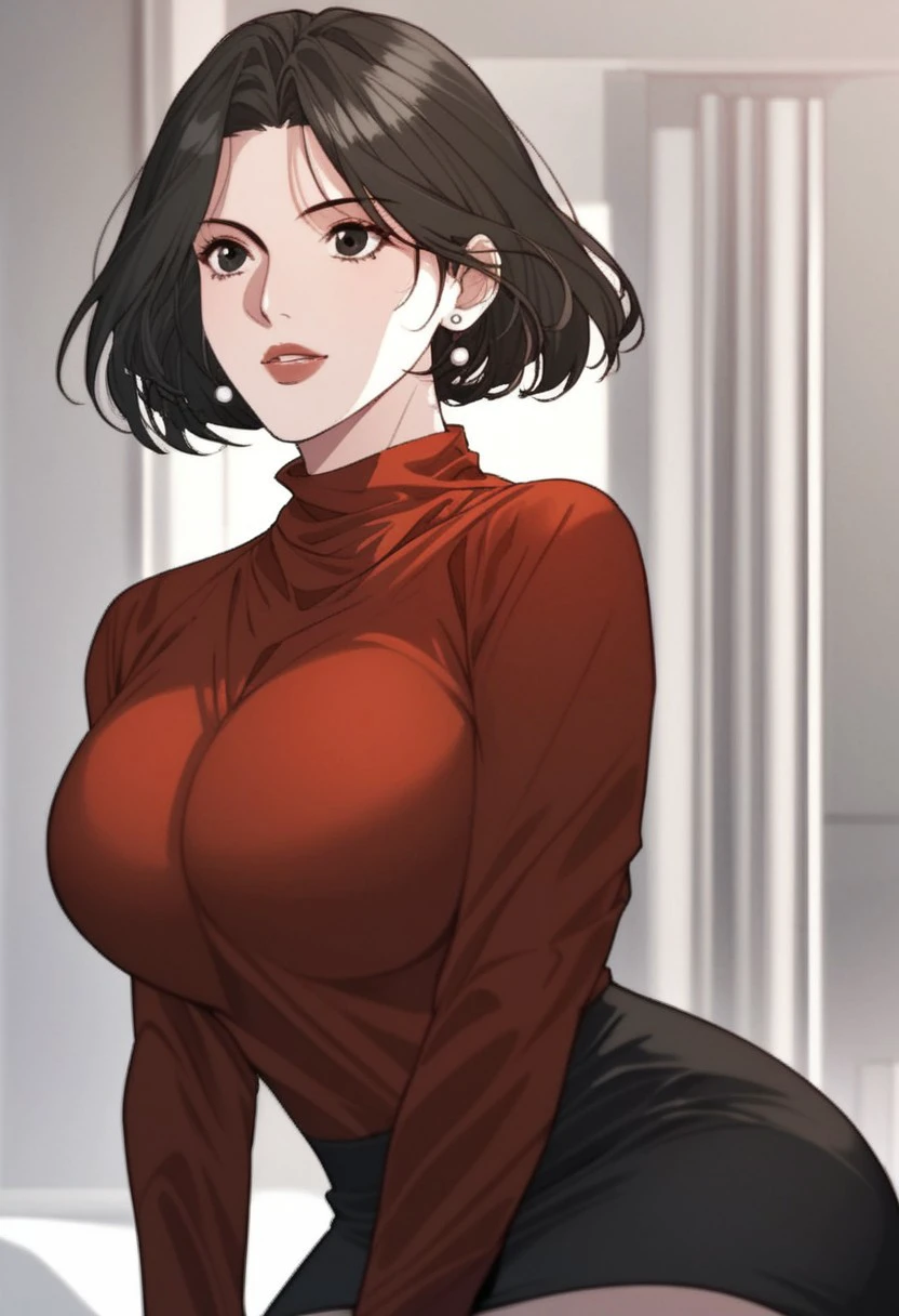 score_9, score_8_up, score_7_up, BREAK, WuYurong, black hair, short hair, black eyes, large breasts, WuOffice, earrings, red sweater, turtleneck sweater, black skirt, pencil skirt, 1girl, solo,