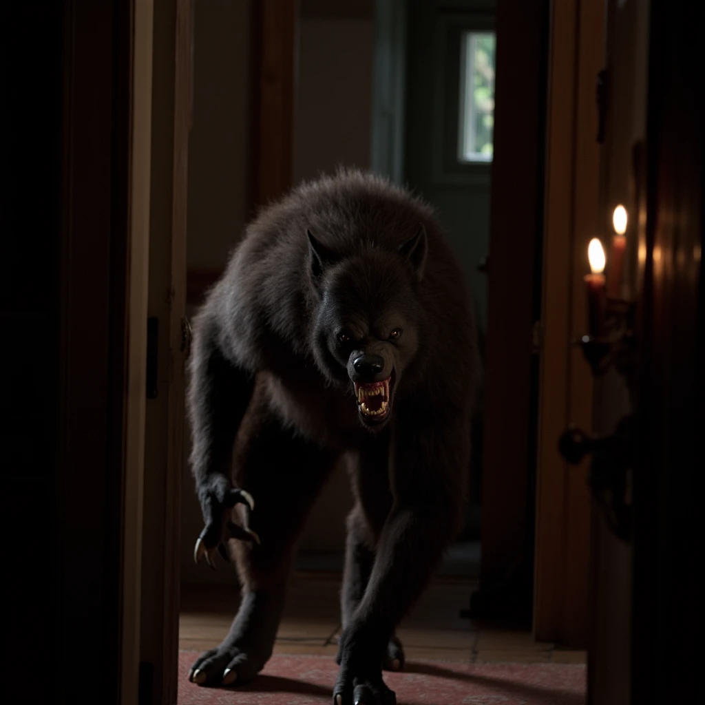 UHD, 4k, ultra detailed, cinematic, a photograph of  <lora:Werewolf style v1:0.7>
wide angle of a werewolf is running down a hallway in a dark old house with candles in background Werewolf Style, solo, looking at viewer, open mouth, standing, full body, teeth, indoors, no humans, traditional media, claws, wooden floor, door, horror (theme), fangs, monster, realistic, realism, horror themed, dark themed, epic, beautiful lighting, inpsiring