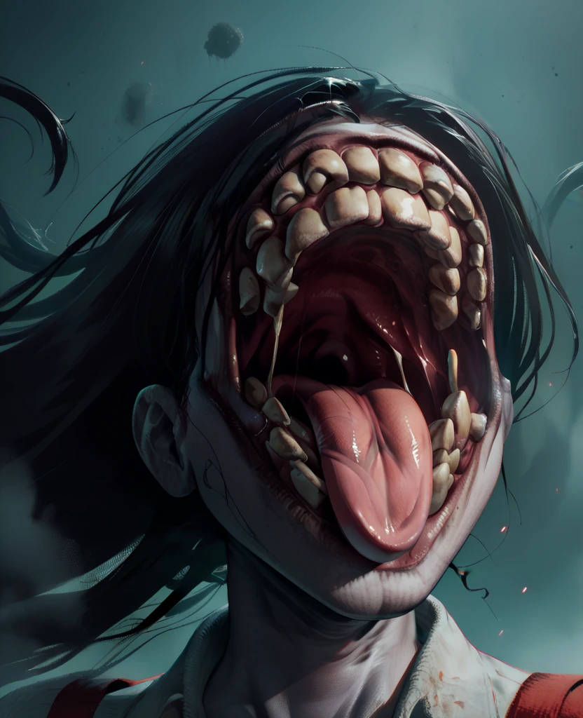 score_9,score_8_up,score_7_up,score_6_up,
lmnttnxl,big mouth,white shirt,teeth,very long black hair,floating hair,red suspender overall skirt,smile,
upper body,fat tongue,
horror \(theme\),close up,
night,fog,solo,
<lora:Lamentationxl:1>,