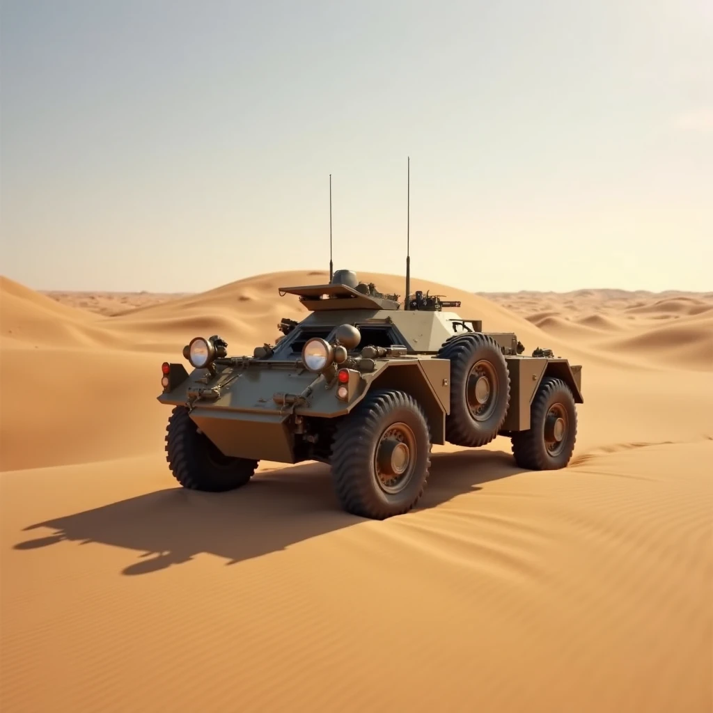 "Imagine an image in cinematic photorealism, with the FV701 Ferret four-wheeled armored car partially concealed behind a sandy dune in the open desert, its low profile blending into the arid, sunbaked landscape."