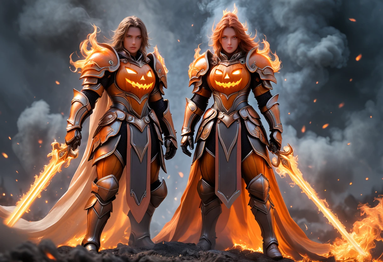 jackoknight, pumpkin armor, 1girl, A lone knight stands on the battlefield, surrounded by smoke and fire, his glowing armor a beacon of unwavering strength. With a sword gripped firmly in hand, the flames of battle reflect in his eyes as long hair flows like a banner in the wind. Clad in full armor, from shoulder to gauntlets, he is ready for whatever the war may bring. The fire and smoke may rage, but this warrior's resolve remains unshaken, facing the chaos head-on, standing alone but unbroken.