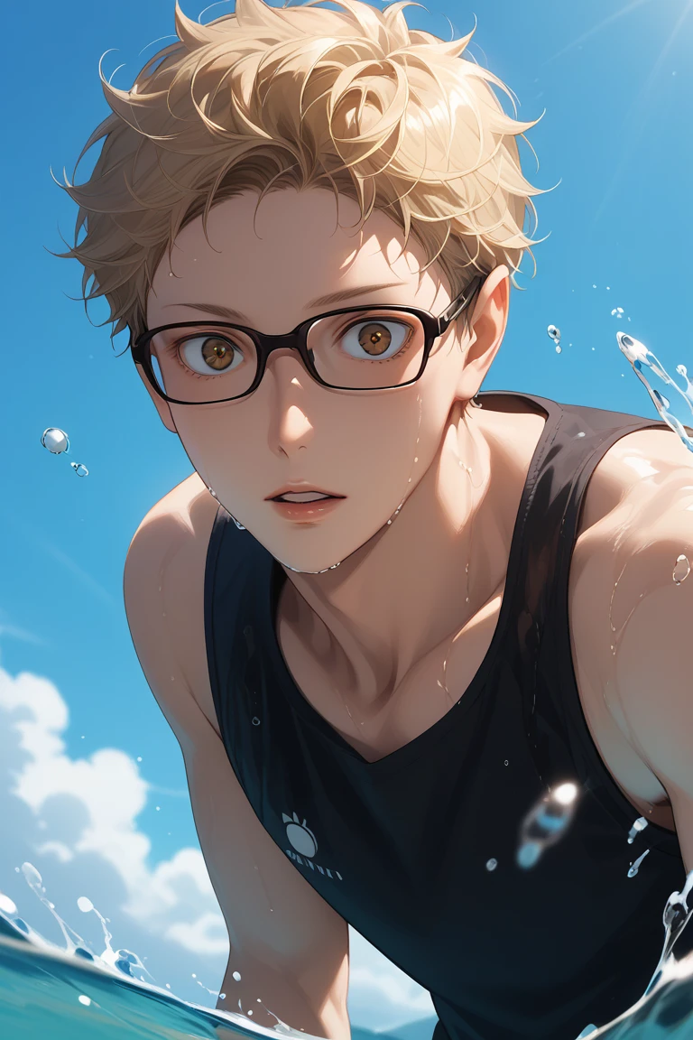 score_9, score_8_up, score_7_up, source_anime, rating_questionable, day, natural lighting, summer theme, water, water droplet, water splash, ocean horizon, male focus, leaning forward, looking down at viewer, surprised, expressive face, KeiHU, blonde_KeiHU_short hair, black_KeiHU_glasses, brown_KeiHU_eyes, parted lips, summer clothes, wet clothes, black tank top, 1boy, blurry outdoors, scenery, from below, dutch angle, intricately detailed illustration, atmospheric perspective, depth of field