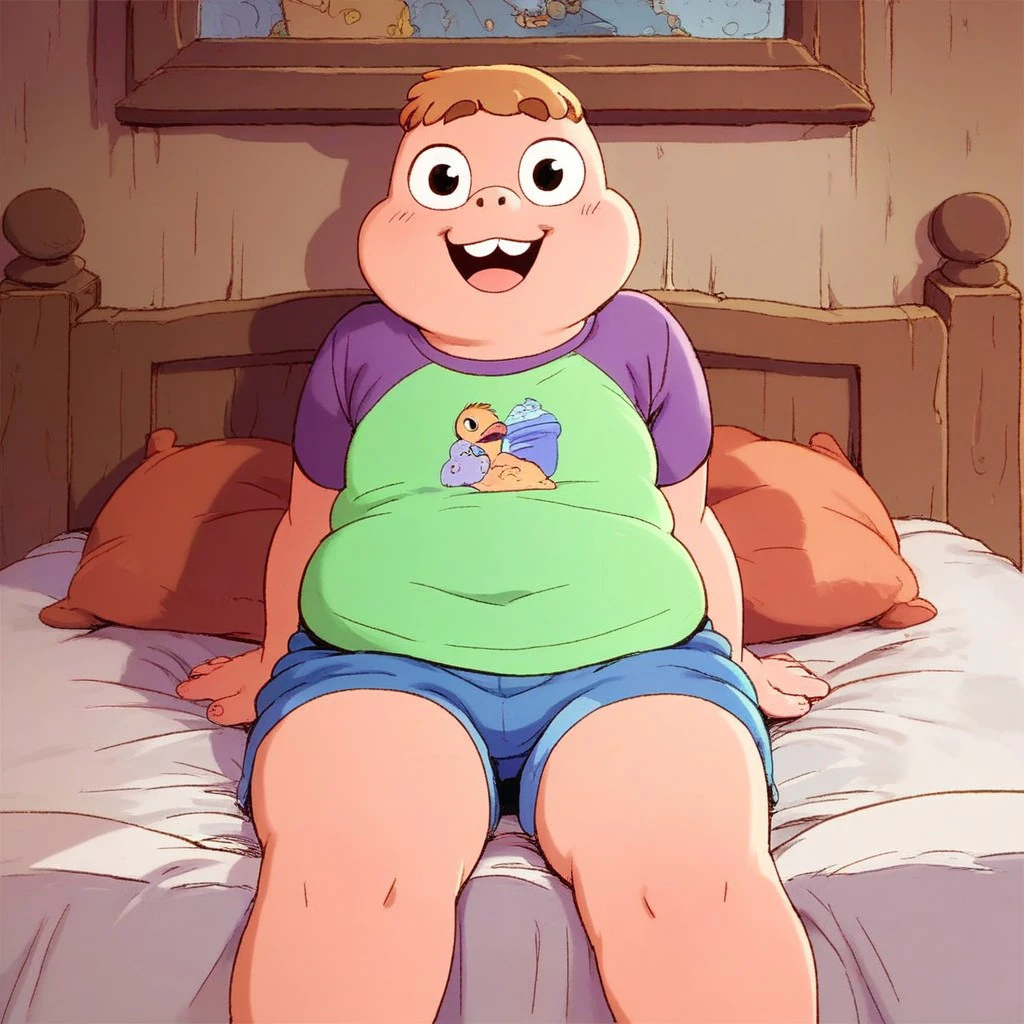 score_9, score_8, score_7, source style, break, solo, Clrnce, 1boy, brown hair, short hair, buck teeth, shirt, shorts, plump, sitting, bed, looking at viewer