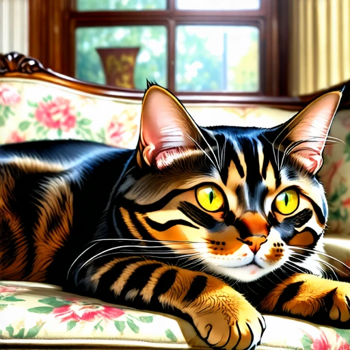 [ (comic book:1.3) | (hyper realism:2.25) | (anime:0.5) style] A massive tabby cat lounging in a vintage living room, sprawled across a floral-patterned sofa. Its vibrant golden eyes contrasting strongly with its rich, dark brown fur and the soft, faded colors of the retro decor, creating a surreal, yet cozy atmosphere. Backlighting, Cstl, Soft bokeh effect, anime picture with shallow depth of field, rich and contrast colors, creating smooth blurred lighting in the background, vivid pallit colors, magical atmosphere, mystery, slight wariness, black and white balance, harsh shadows, harsh light.