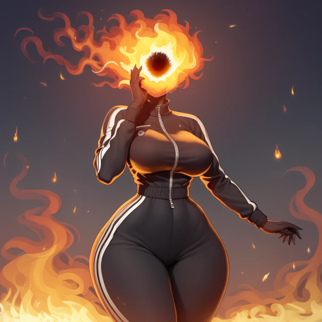 score_9, score_8_up, score_7_up, Manhwa, solo, 1girl
, mature female, , thick thighs, wide hips, large breasts, narrow waist, tracksuit, sweatpants, , vgtsav, hand on own face, masterpiece, detailed, <lora:lord_of_frenzied_flame:1> fr3nz1ed, flame, embers, fire, black void