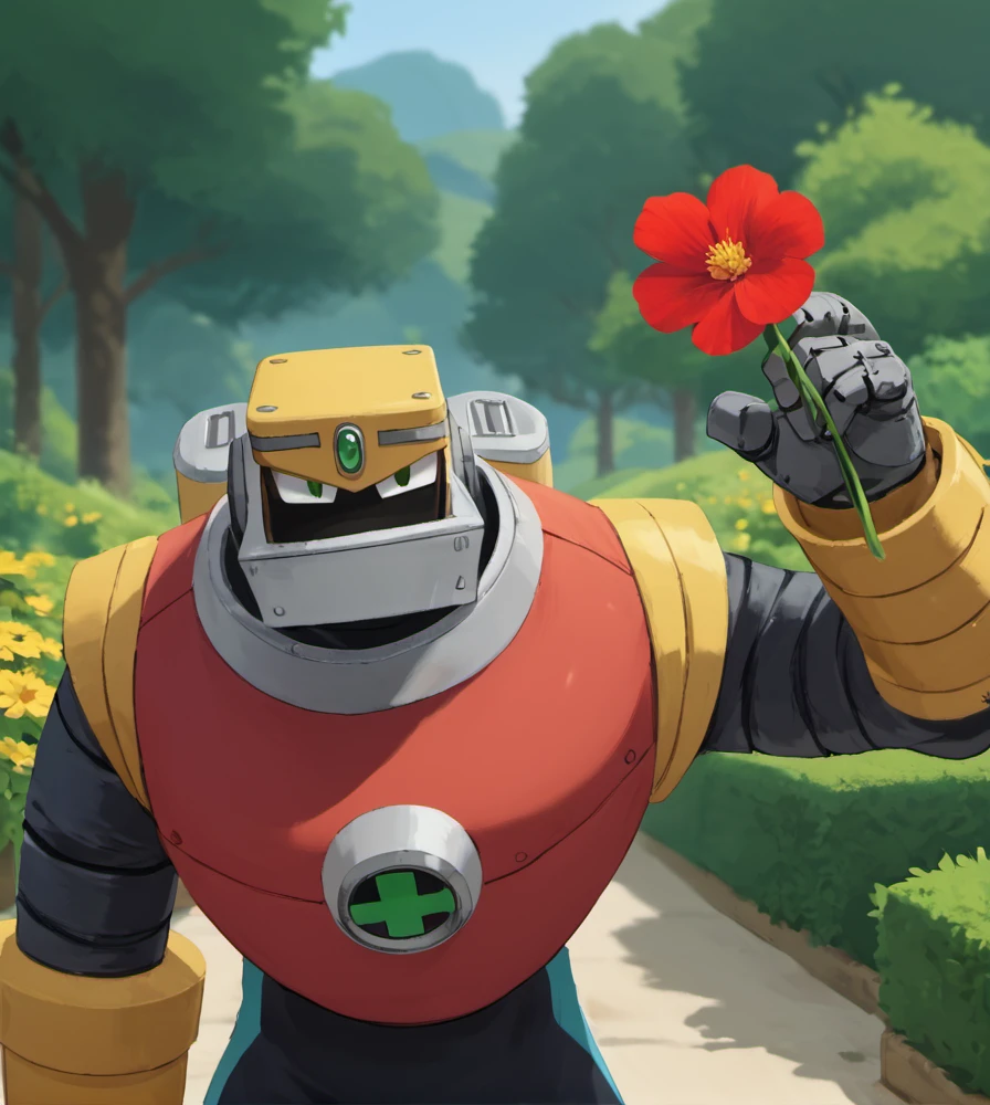 score_9, score_8_up, score_7_up, high res:1.5, digital media (artwork), lineless:1.5, sweatdrop, solo focus, gut5m4nexe, robot, mouthless, big chin, black spandex, ^_^, male, front view, face focus, holding flower, garden scenery, <lora:Guts_Man_EXE_-_MMBN:0.95>