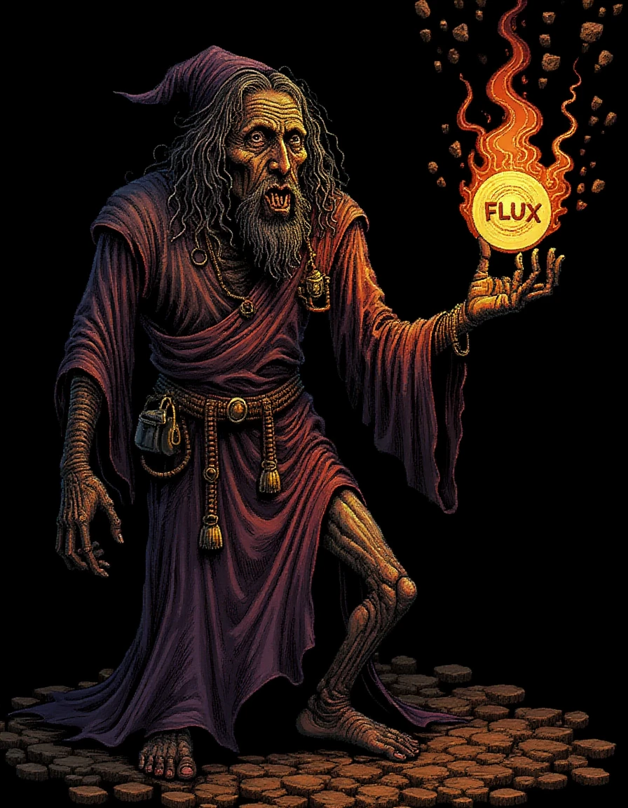 <lora:Surreal Fantasy:1> weirdfantasy, a wizard with a fireball in his hand, embers spell "FLUX",  weird, grotesque, pixelated