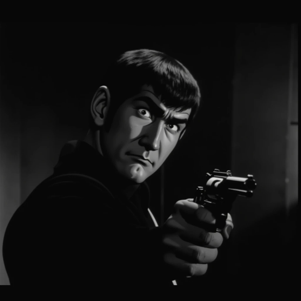 cinematic film still of  <lora:Golgo13 v1:0.5>
Golgo13 a real life action hero style of a Japanese man aiming a revolver at viewers in a dark room , shallow depth of field, vignette, highly detailed, high budget, bokeh, cinemascope, moody, epic, gorgeous, film grain, grainy