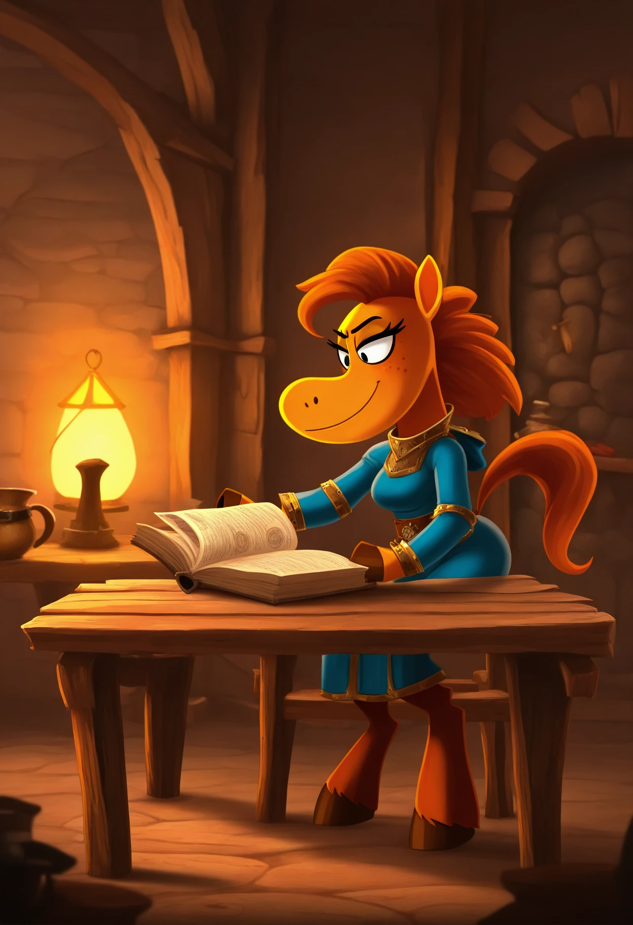 masterpiece, best quality, absurdres, very aesthetic, raymanstyle, 1girl, solo, medieval fantasy, female horse, furry, reading a book, tavern, hooves