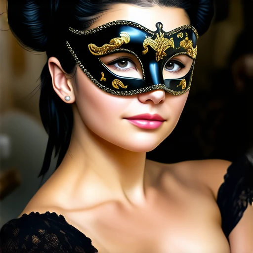 A girl with weavy brown hair thrown over one shoulder 
She is wearing a off shoulder dark blue gown with rose design in one side 
She is holding a mask hiding half of her face and other half smirks 

Not showing cleavage and face mire mature 