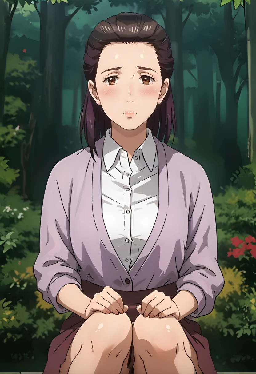 score_9, score_8_up, score_7_up, score_6_up, score_5_up, 1girl, <lora:Nobuko_Izumi_-_Parasyte:0.8> Nobuko Izumi, brown eyes, brown hair, white shirt, collared shirt, purple coat, brown skirt, big eyes, sexy, female focus, fantasy, expressive, skindentation, 1female, masterpiece, 32K HD, beautiful attention to detail, detailed eyes, shiny skin, showing lots of skin, wide lens, perfect hands, perfect eyes, 2d, anime, source_anime, anime screencap, anime coloring, flat shadows, flat colors, hentai, source_hentai, looking at viewer, sad, blush, zPDXL2, zPDXLxxx, mature content, nsfw, rating explicit, clothed female, uncensored, outdoors, forest, knee out of frame, feet out of frame, full body, sandals