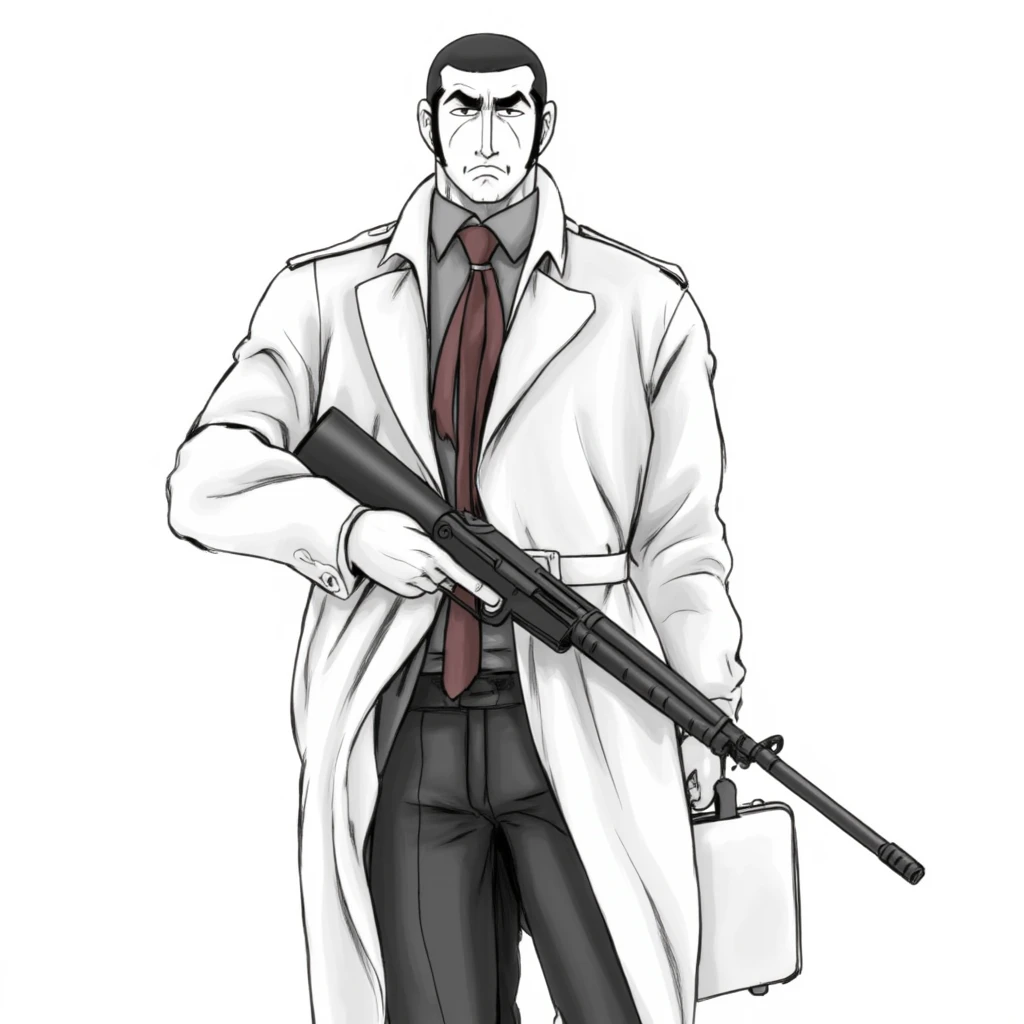 <lora:Golgo13 v1:0.9>
Golgo13 a drawing of a man in a trench coat and tie holding a rifle, perfect image, perfect body, perfect anatomy, sharp image, detailed image, cinematic style, high quality image, Duke Togo style, solo, looking at viewer, short hair, simple background, shirt, long sleeves, white background, holding, standing, monochrome, full body, weapon, necktie, collared shirt, pants, holding weapon, coat, gun, facial hair, red necktie, holding gun, rifle, very short hair, submachine gun, buzz cut, black hair, frown, open coat, suitcase, trench coat, briefcase, full shot