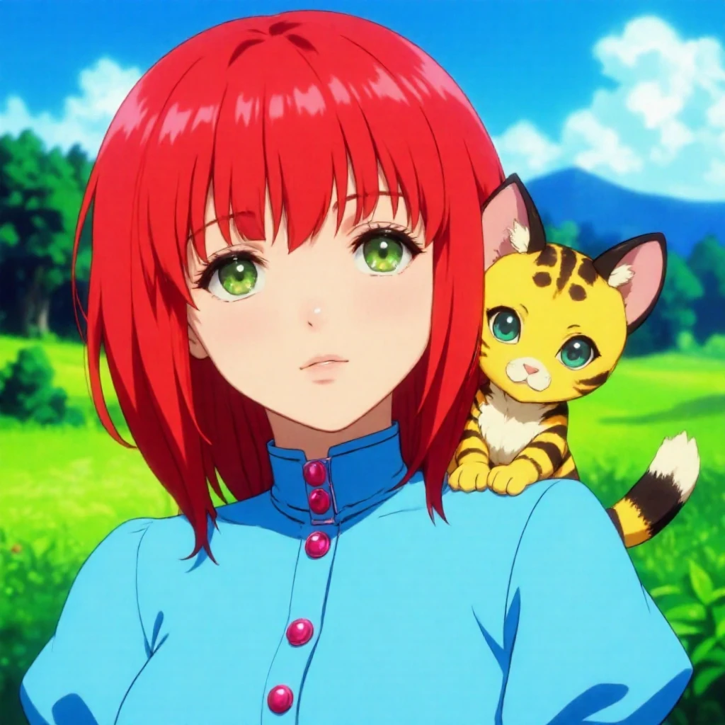 In this vibrant anime scene, a young girl with striking red hair and intense green eyes gazes forward with a determined expression. Her outfit is a blue, high-collared dress adorned with pink buttons and red gem-like accents, suggesting a fantastical or magical setting. Perched on her shoulder is a small, anthropomorphic creature resembling a yellow and black striped feline with large ears and a bushy tail. The background features a blurred, serene landscape with shades of blue and green, hinting at a grassy or forested area. The overall style is reminiscent of classic 1990s anime, with clean lines, bright colors, and a slightly exaggerated, expressive art style.