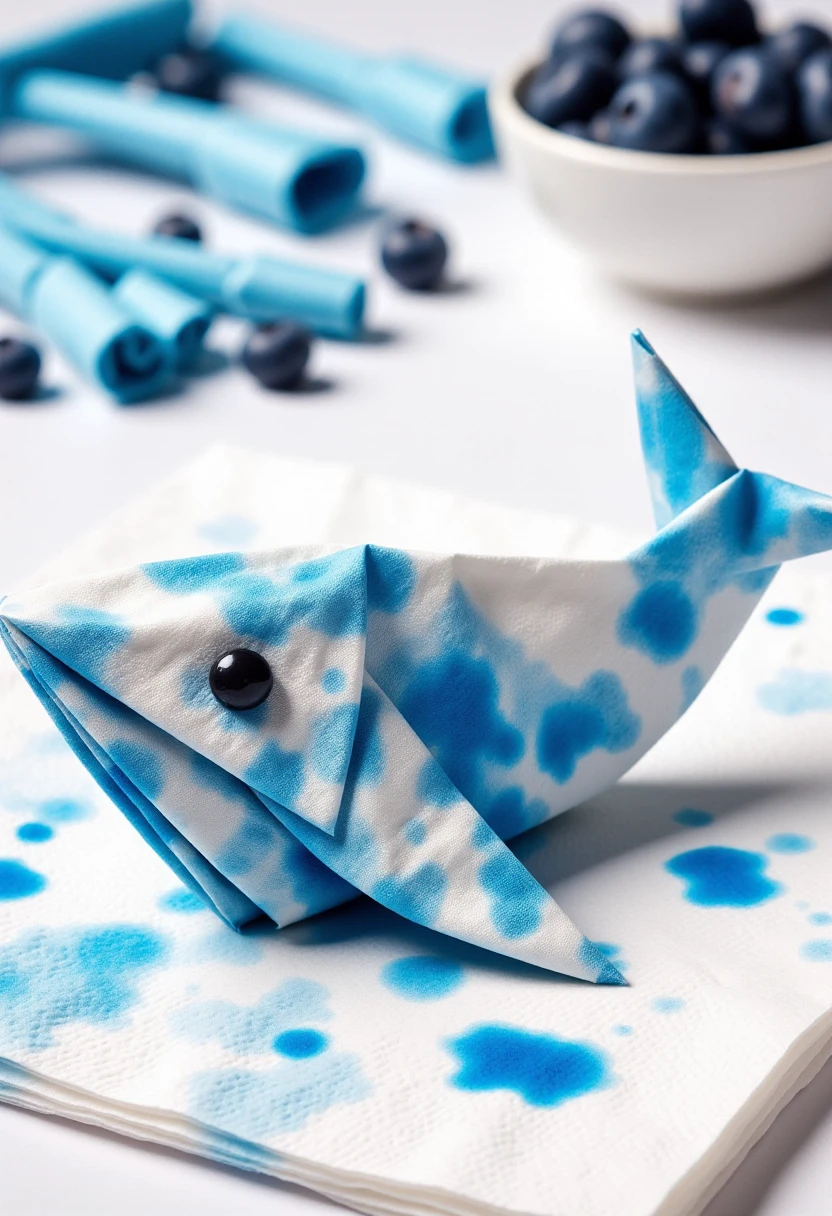 <lora:Napkin_Origami_Orchestrator_FLUX:0.8>
This is a photograph featuring an whale wolf made from a single paper napkin. The whale is intricately folded with a white base color, splattered with a variety of blue stains, giving it a unique, artistic appearance with blue pens and blueberries in the background.