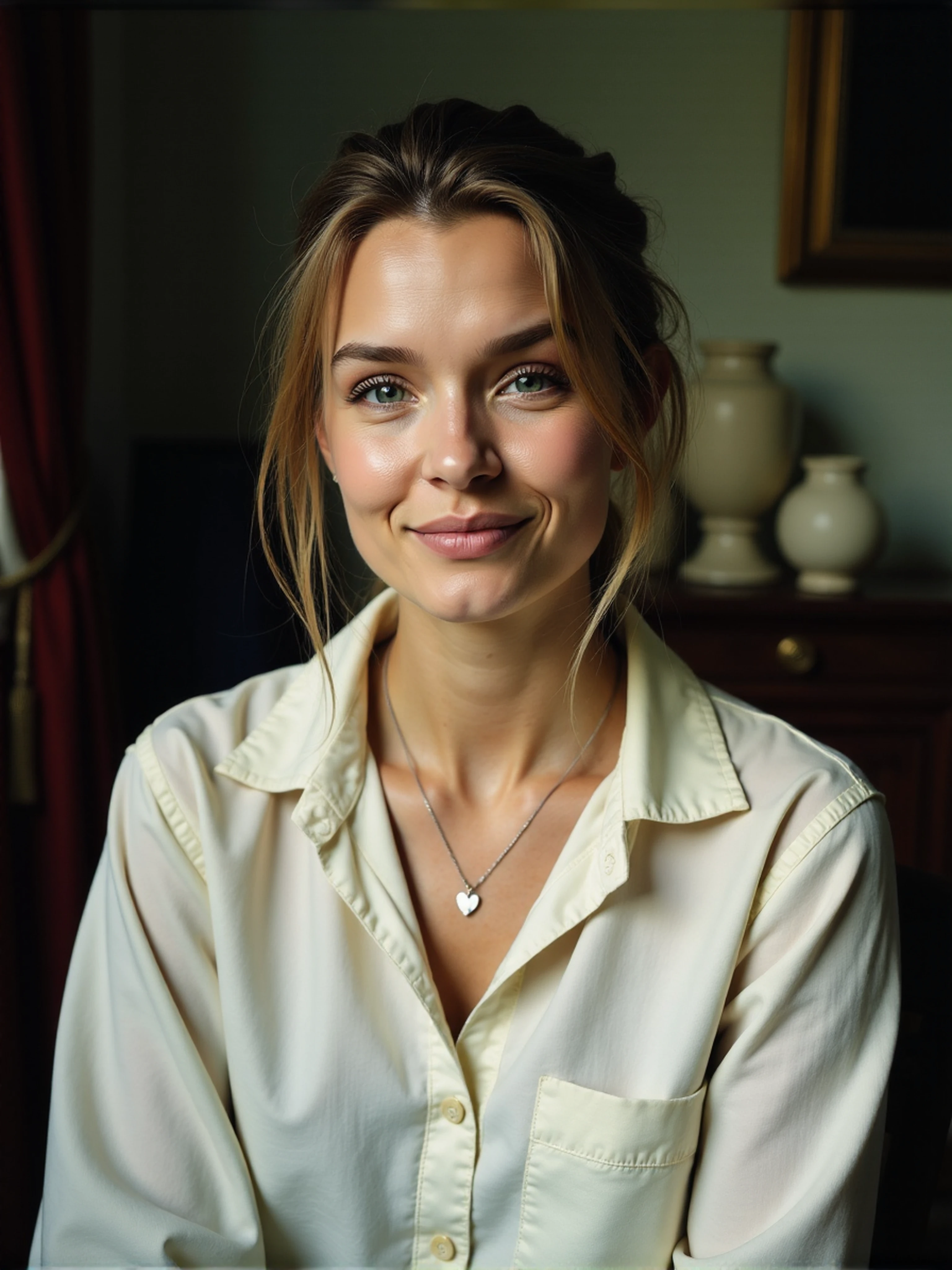 woman, smiling a RAW photo, 16mm film, artistic full color, serene and intimate portrait, subject sits in the center of the frame, subject has perfect posture, they directly face the viewer with their eyes locked onto the camera, they wear a cotton dress shirt, buttoned-up all but the topmost button, wearing a heart necklace which adds a touch of elegance to the overall appearance, soft, blurred background along with the soft lighting create a cozy atmosphere, drawing the viewer's attention to the subject's serene expression, the overall effect is one of calm and introspection, inviting the viewer to step into their world, in the background you will find the typical items found in an 18th London sitting room.