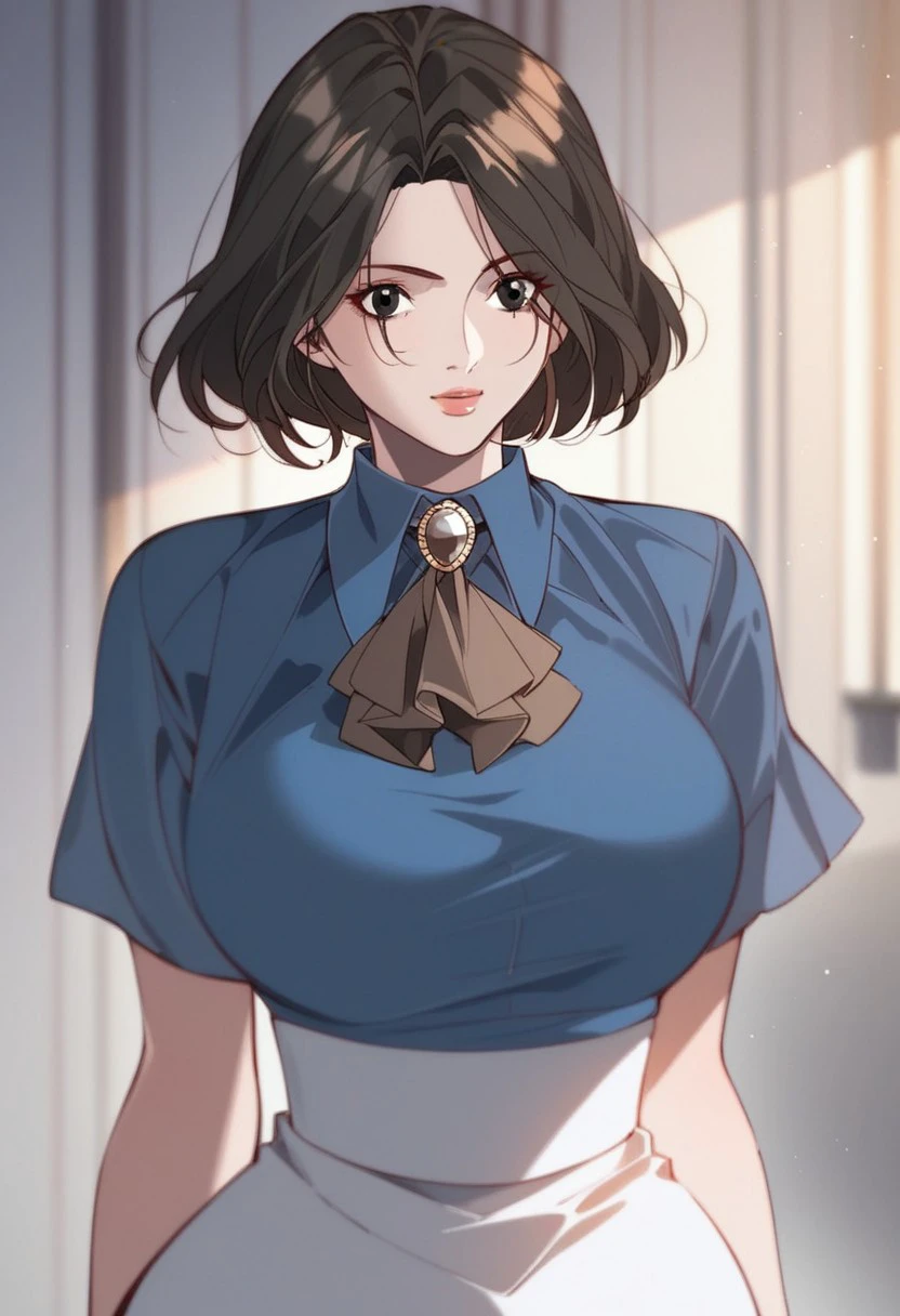 score_9, score_8_up, score_7_up, BREAK, WuYurong, black hair, short hair, black eyes, large breasts, WuCasual, ascot, brooch, blue shirt, collared shirt, white skirt, pencil skirt, high-waist skirt, 1girl, solo,