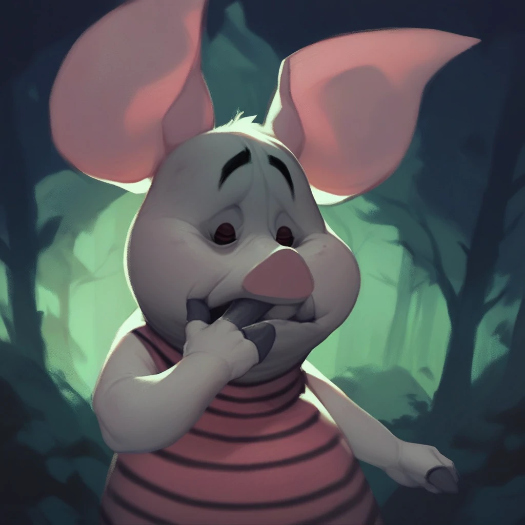 score_9_up, score_8_up, score_7_up, score_6_up, solo, SH_Piglet, furry male, pig, (in a spooky forest), (peering into an old well), dark, night time, shadows, creepy atmosphere, (painted art)