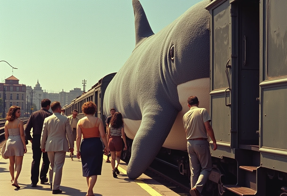 side view, 1950s color photograph, a rail station, people are boarding a train shaped like a blahaj plush shark