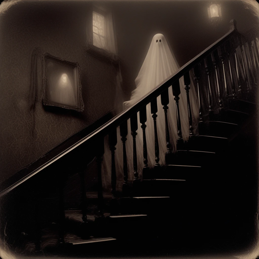 victorian photograph of a ghost looking down a staircase