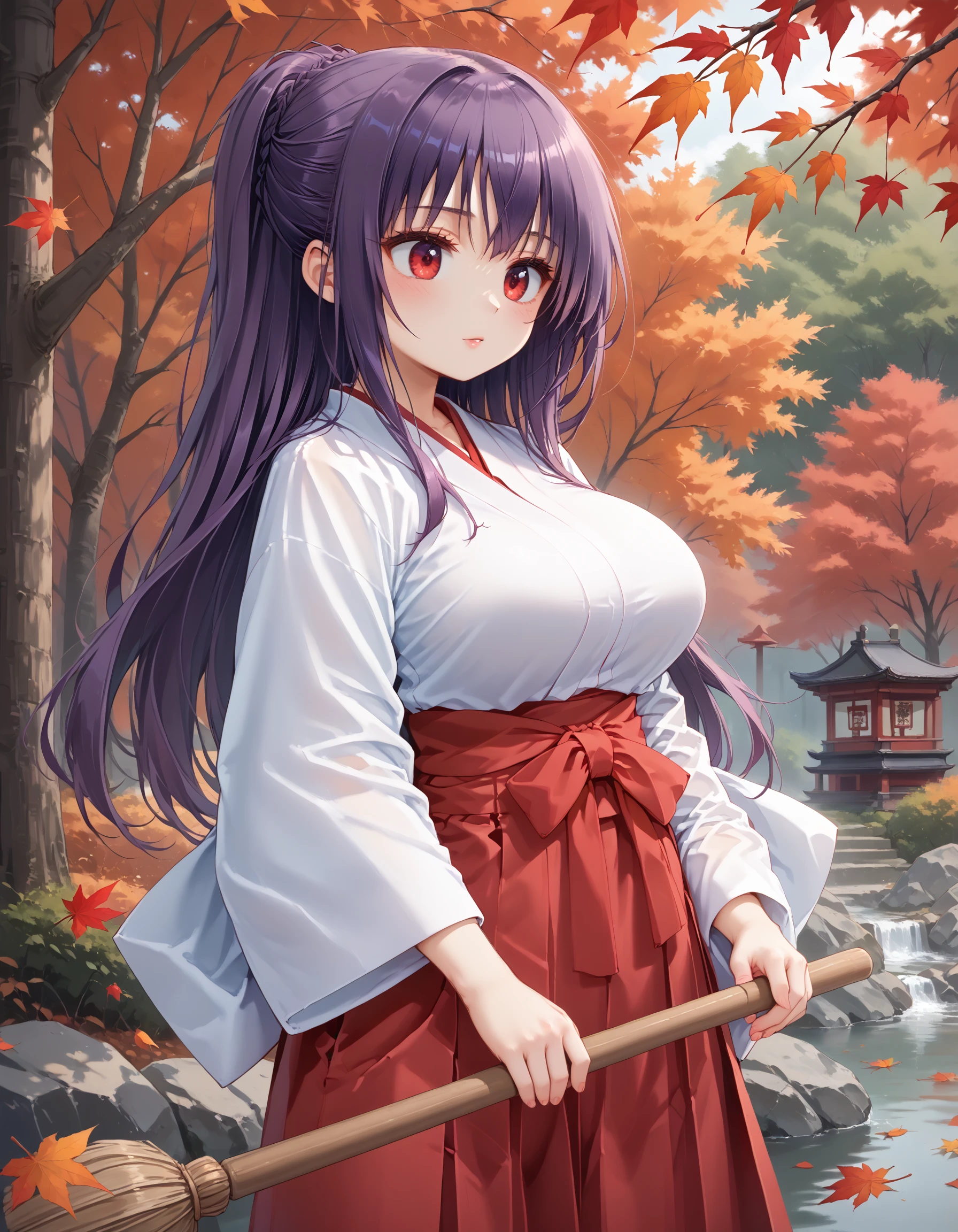 score_9, score_8_up, score_7_up, source_anime, highres, solo, solo focus, 1girl, in Shinto shrine, Autumn, fallen leaves, broom, sweeping, <lora:takasu-miyabi_Prima_Stella_Atelier_Kaguya:0.7> miyabi, purple hair, red eyes, large breasts, natural,
BREAK <lora:miko_Pony_V1.0:0.9> jyojifuku, miko, red hakama, natural broom, good broom,