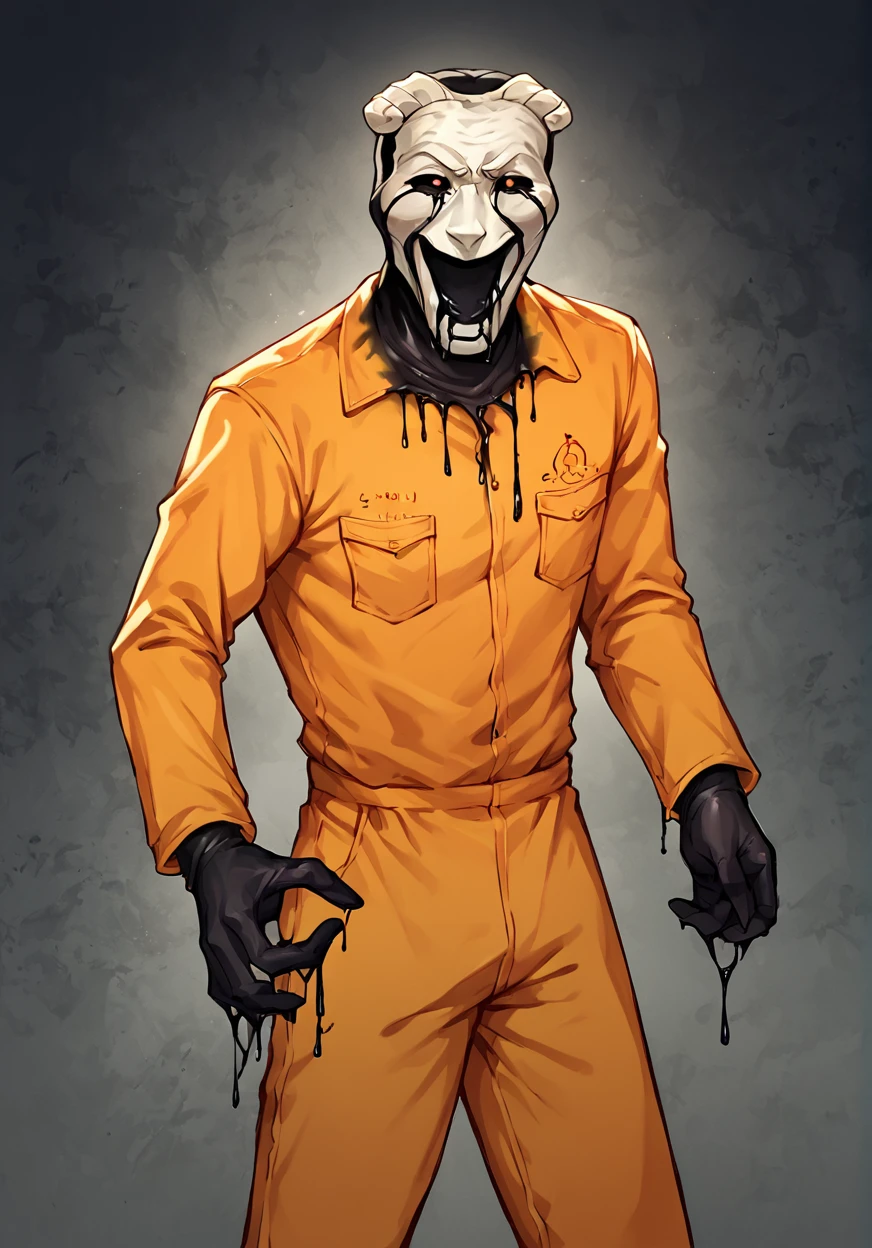 <lora:scp035-10:1> , best quality, source_anime,  score_9, score_8_up, score_7_up, male focus, scp035, cowboy shot, dark background, black gore, vomiting black blood, orange prison jumpsuit, schitzo, clothed, black slime, blood, covered in black slime, detailed prison cell background,, black hands,, action pose, enemy pose, monster pose, horror, elongated limns, <lora:ededdneddyXLP:1> ededdneddy, score_9, score_8_up, score_7_up, lots of details, highly detailed, detailed shading, detailed ambient light, detailed background, masterpiece,