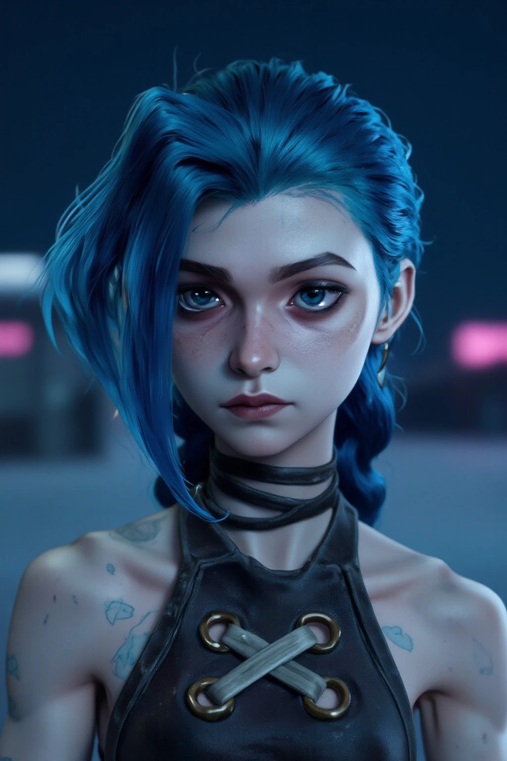 jinx,lol, blue hair，watercolor，(light on face:1.8)1girl, with blue hair, cinematic sense,  The gentle breeze blew her hair. neon hair,
Located in a desert cyberpunk city. at night. The contrasting light source of warmth and coldness hits the girl's face, making her expression more vivid, in the style of John Wick. 