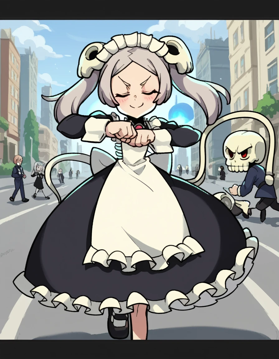 score_9, score_8_up, score_7_up, source_anime, <lora:skullgirls-marie-ingame-ponyxl-lora-nochekaiser:1>, marie, hair ornament, red eyes, twintails, skull, skull hair ornament, grey hair, forehead,, apron, maid, maid headdress, long sleeves, wrist cuffs,, sidewalk, pedestrians, city, street, walking, smile, <lora:shikairo-days-dance-ponyxl-lora-nochekaiser:1>, shikairo days dance, shikairo days dance (meme), dancing, meme, closed eyes, clenched hands, glowsticks, blush, smile,, looking at viewer, solo,, dutch angle, cowboy shot