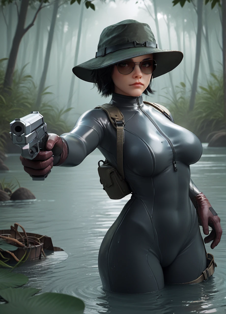 1girl, solo, codhelena, wetsuit, short hair, black hair, sunglasses, holster, gloves, green hat, bucket_hat, curvy, aiming handgun, swamp  <lora:CoD_Helen-PONY:0.8>, score_9, score_8_up, score_7_up, score_6_up,