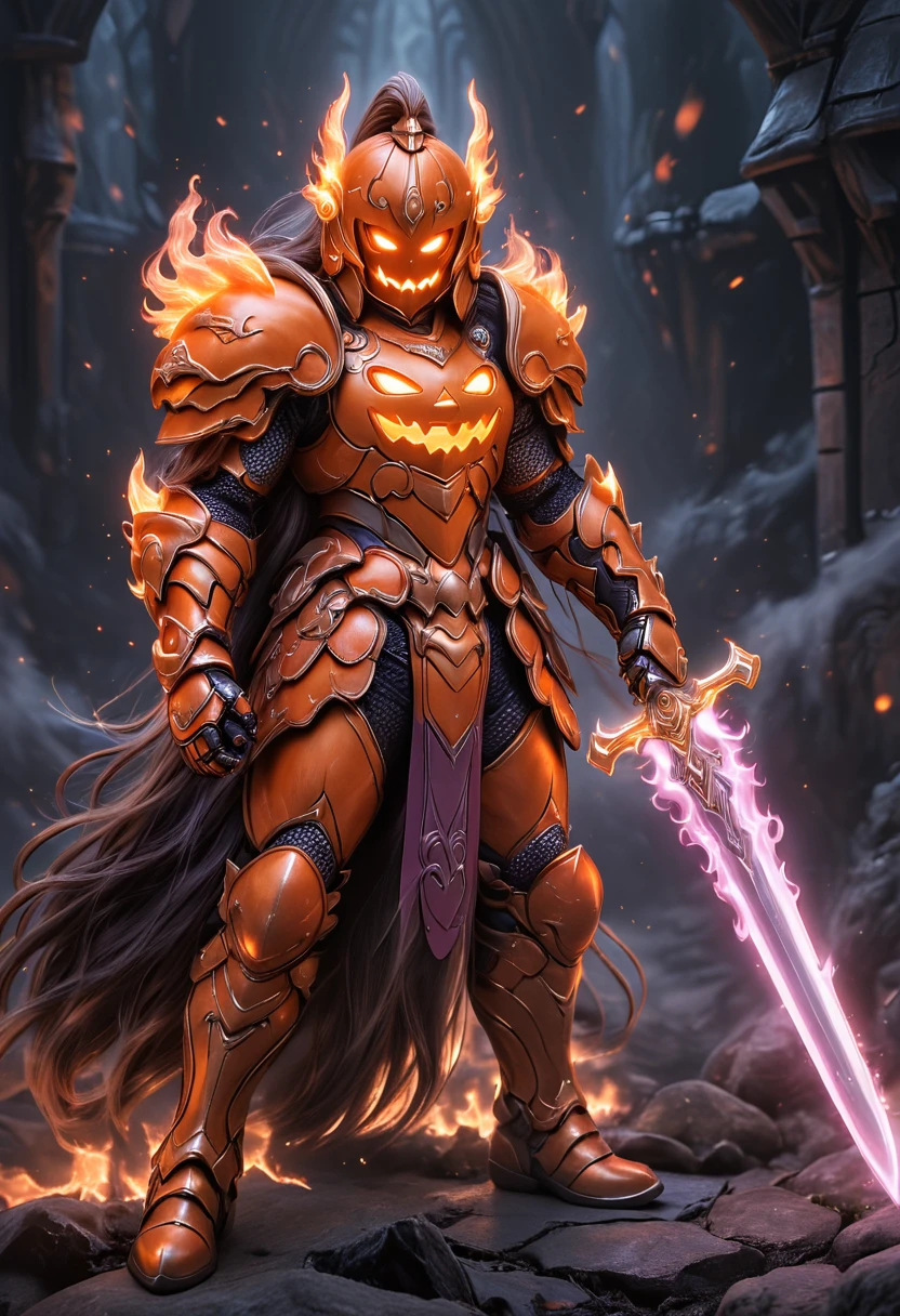 Jackoknight, pumpkin armor, pumpkin helmet, weapon, armor, sword, full armor, long hair, holding weapon, holding sword, glowing, holding, fire, helmet, gauntlets, shoulder armor, very long hair, solo, knight