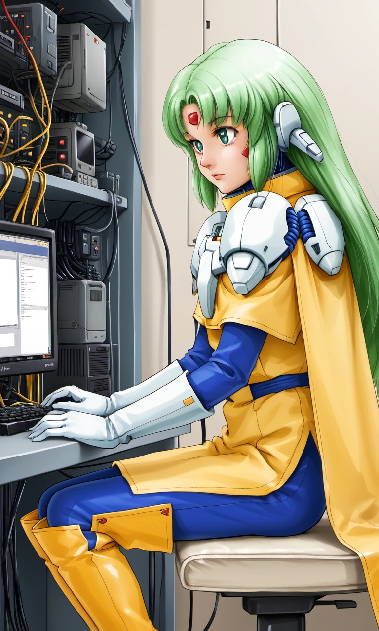 monitors, cables, computer room, sit, from side, robot joints, furena, 1girl, gynoid, green eyes, green hair, long hair, robot ears, forehead crystal, yellow tunic, white shoulder pads, blue sleeves, white gloves, yellow cape, blue pants, yellow thigh boots, rifle, 