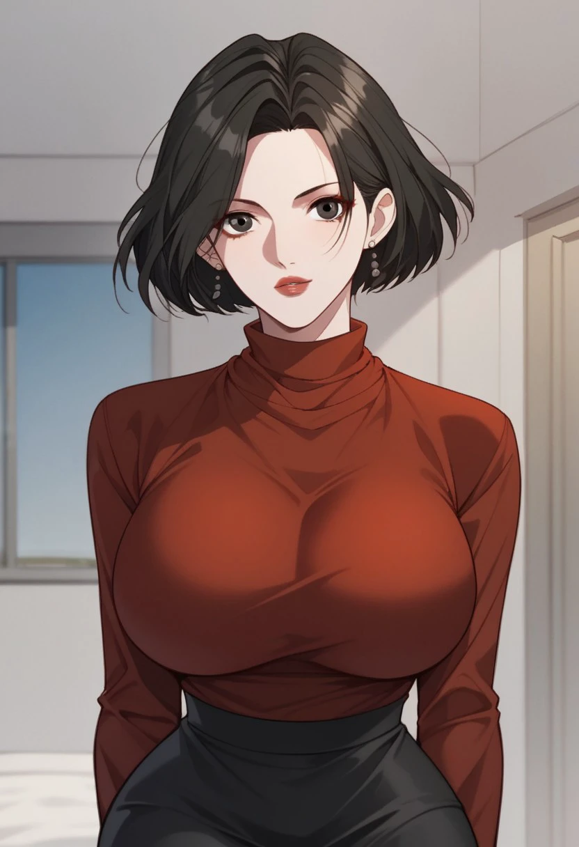 score_9, score_8_up, score_7_up, BREAK, WuYurong, black hair, short hair, black eyes, large breasts, WuOffice, earrings, red sweater, turtleneck sweater, black skirt, pencil skirt, 1girl, solo,