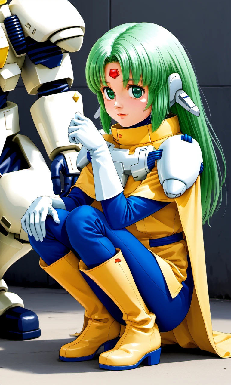 squatting, furena, 1girl, gynoid, green eyes, green hair, long hair, robot ears, forehead crystal, yellow tunic, white shoulder pads, blue sleeves, white gloves, yellow cape, blue pants, yellow thigh boots,