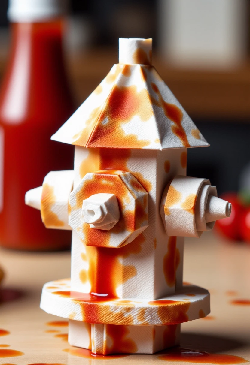 <lora:Napkin_Origami_Orchestrator_FLUX:0.8>
This is a photograph featuring an origami fire hydrant made from a paper napkin. The fire hydrant is intricately folded with a white base color, splattered with ketchup stains, giving it a unique, artistic appearance with a ketchup bottle in the background.