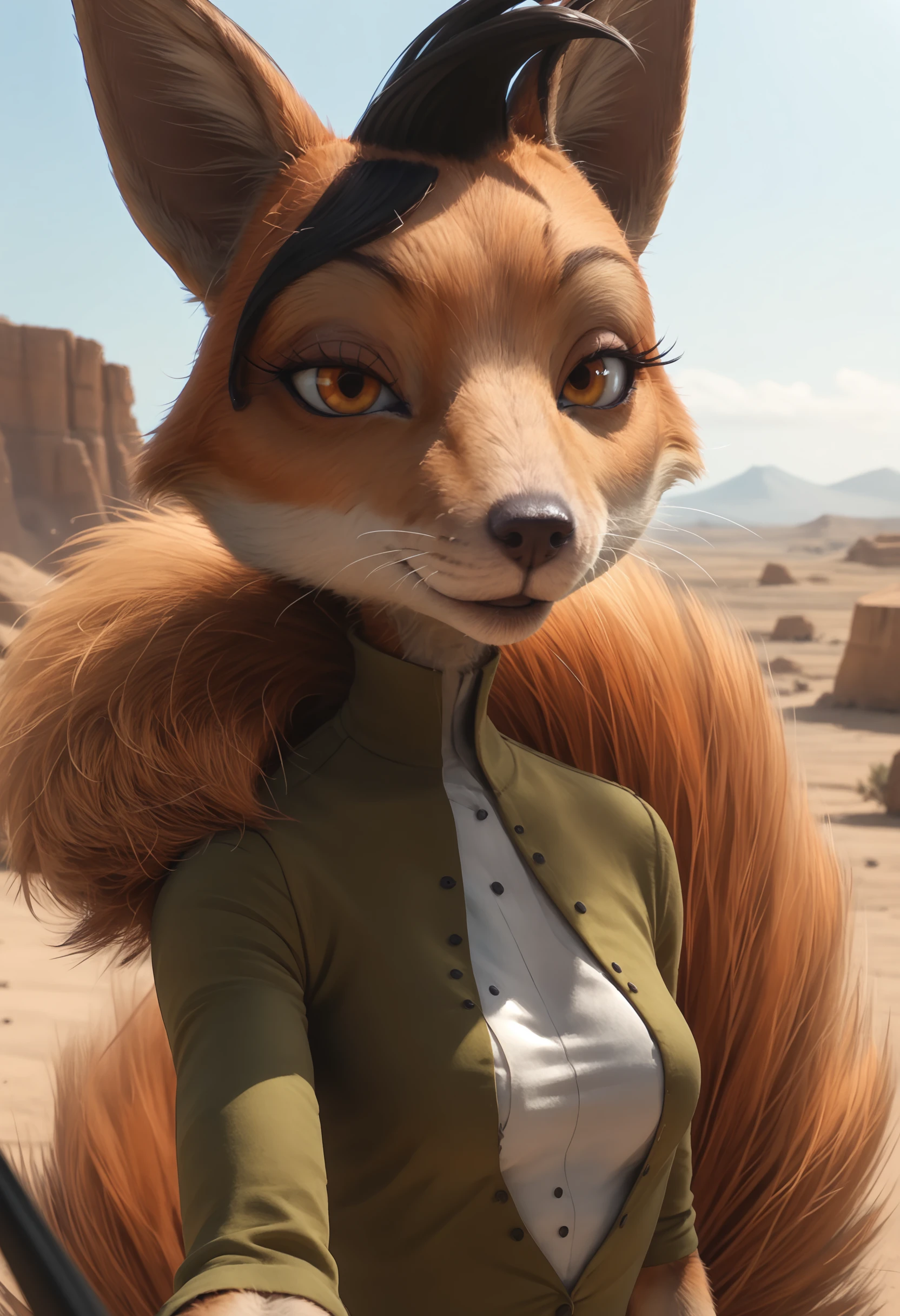 score_9, score_8_up, score_7_up, score_6_up, score_5_up, score_4_up, 1girl, <lora:AngeliqueRango:0.8> solo,  fox, furry, furry female, black hair, orange eyes, animal ears, snout, eyelashes, whiskers, tail, shirt, upper body, standing, looking at viewer, breasts, smile, selfie pose, 
desert, mountains,