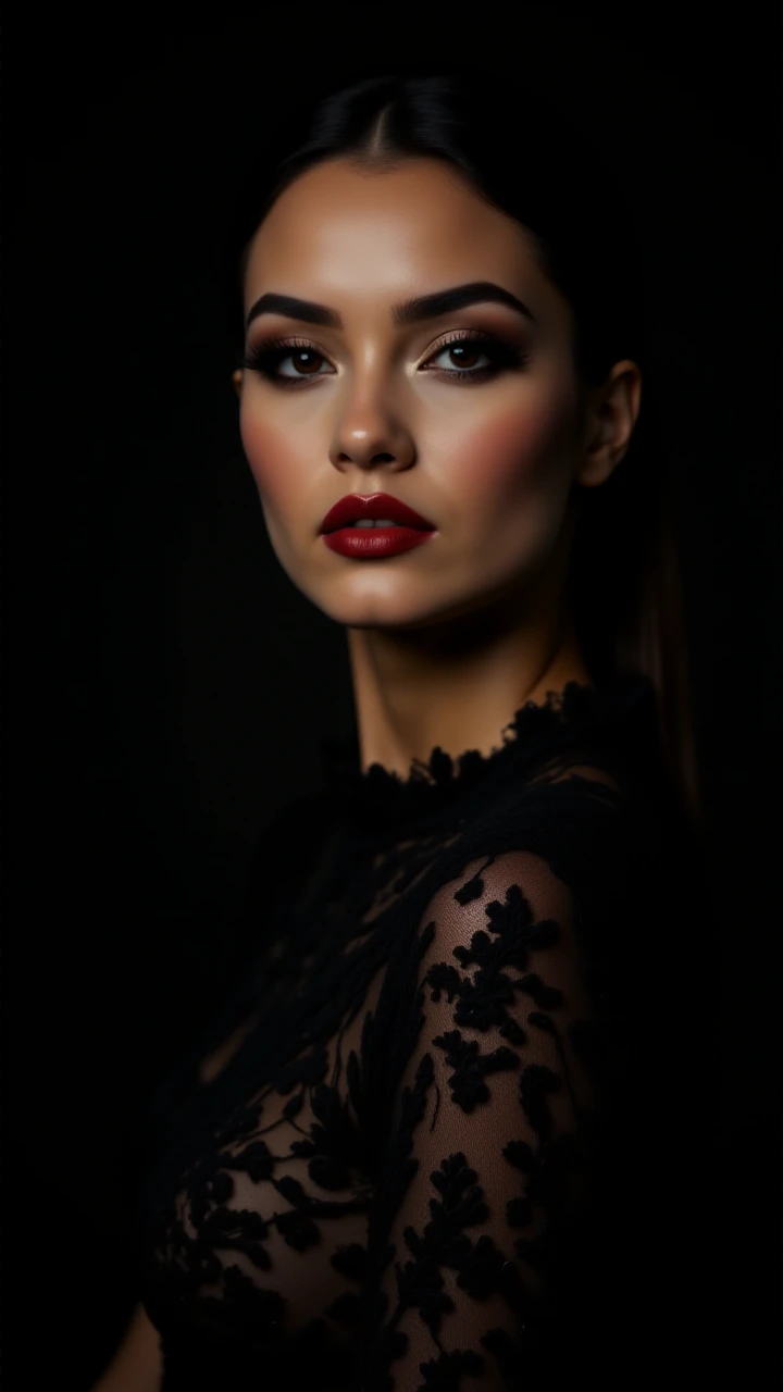 Close-up of a model wearing an intricate black lace top, with dramatic winged eyeliner and bold red lips. The lighting is low, creating soft shadows that add depth and mystery to her features, making the lace stand out against her glowing skin<lora:BetterPortraits:1>