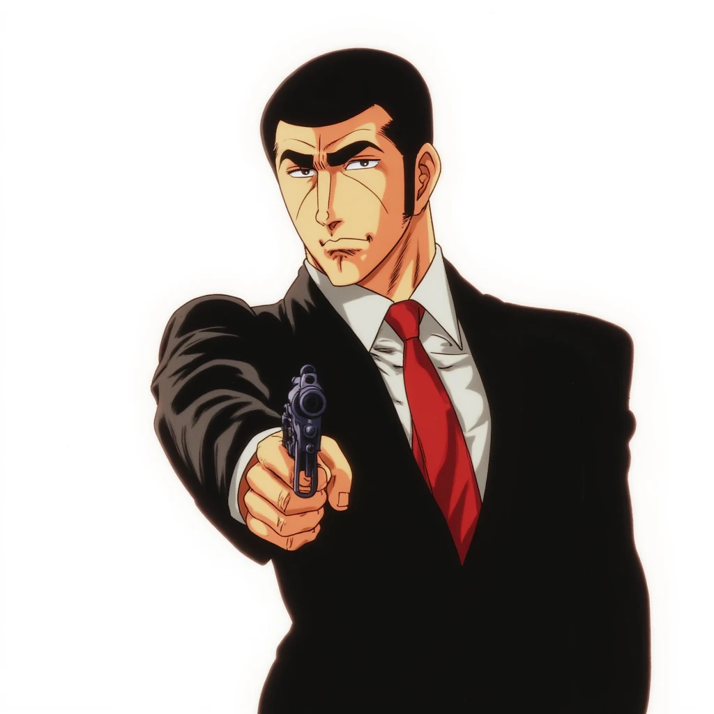 <lora:Golgo13 v1:0.8>
Golgo13 a man in a suit pointing a revolver at the camera, perfect image, perfect body, perfect anatomy, sharp image, detailed image, cinematic style, high quality image, Duke Togo style, solo, looking at viewer, simple background, black hair, white background, holding, weapon, necktie, holding weapon, black eyes, gun, formal, suit, red necktie, holding gun, handgun, revolver, aiming at viewer, short hair, shirt, upper body, very short hair, aiming, revolver, white background