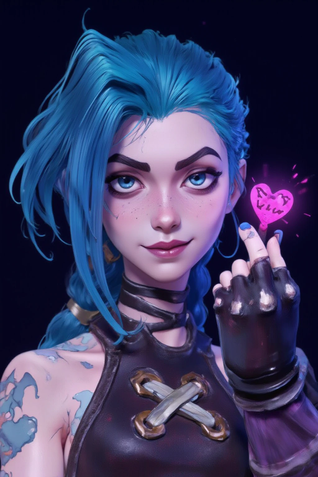 jinx,lol, an animated woman with blue hair holding a pink heart in her hand against a dark background.negative film style,watercolor