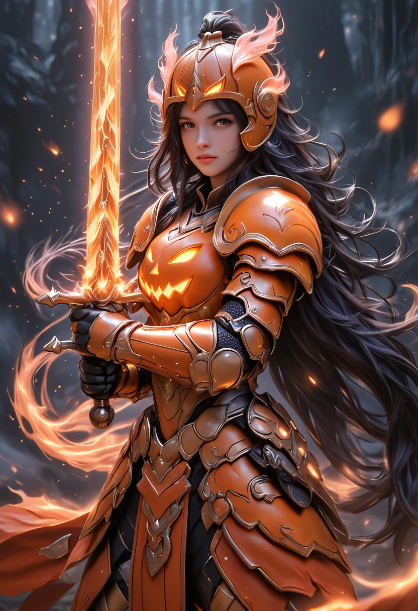 jackoknight, pumpkin armor, 1girl, long hair, black hair, glowing hair, floating hair, weapon, armor, sword, full armor, long hair, holding weapon, holding sword, glowing, holding, fire, helmet, gauntlets, shoulder armor, very long hair, solo, knight