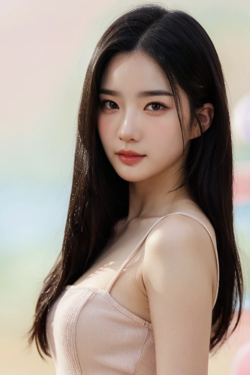 masterpiece, best quality, ultra-detailed, ultra high res, (photorealistic:1.4), raw photo, (realistic:0.2), 8k HDR, realistic cool temperature lighting, 1girl, (asian:0.2), solo, asymmetrical hair, indoor, looking at viewer, (simple pastel background:1.2), bokeh, (detailed lips), (detailed pores), (detailed skin textures), (detailed face:1.2), (upper body:1.2), a woman in a standing pose, (sundress:1.2), promotional image, a character portrait,