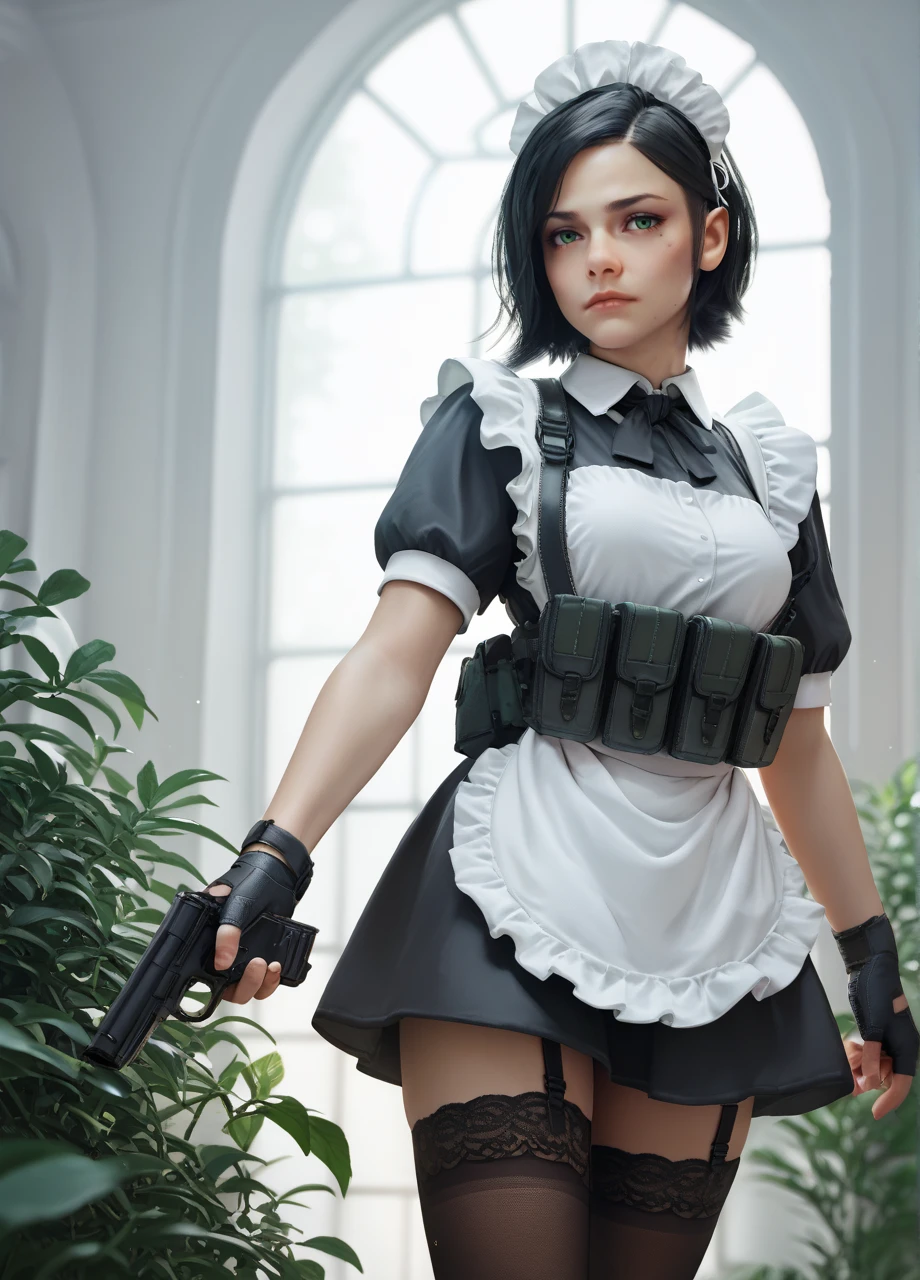 1girl, solo, codhelen, short hair, black hair, mole, green eyes, maid, headdress, holster, short sleeves, fingerless gloves, black thighhighs, handgun, trigger discipline  <lora:CoD_Helen-PONY:0.8>, score_9, score_8_up, score_7_up, score_6_up,