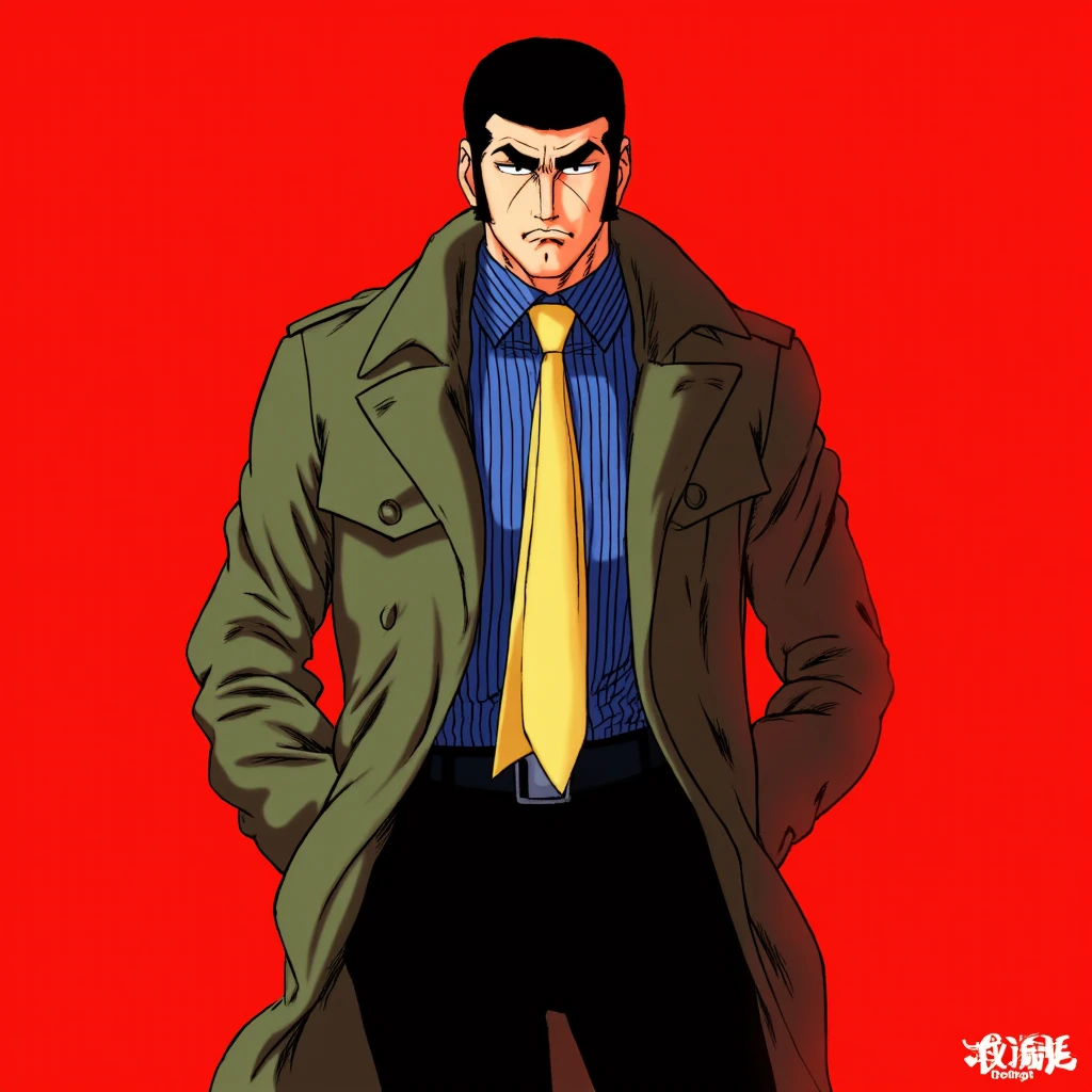 <lora:Golgo13 v1:0.8>
Golgo13 a poster of a man in a trench coat and tie standing in front of a red background, perfect image, perfect body, perfect anatomy, sharp image, detailed image, cinematic style, high quality image, Duke Togo style, solo, short hair, simple background, shirt, black hair, standing, jacket, open clothes, necktie, striped, collared shirt, pants, black eyes, coat, copyright name, parody, arms behind back, black pants, thick eyebrows, blue shirt, red background, sideburns, green jacket, hands in pockets, very short hair, yellow necktie, striped clothes, character name, frown, open coat, striped shirt, long sideburns, manly, green coat, buzz cut, knee shot, page cover