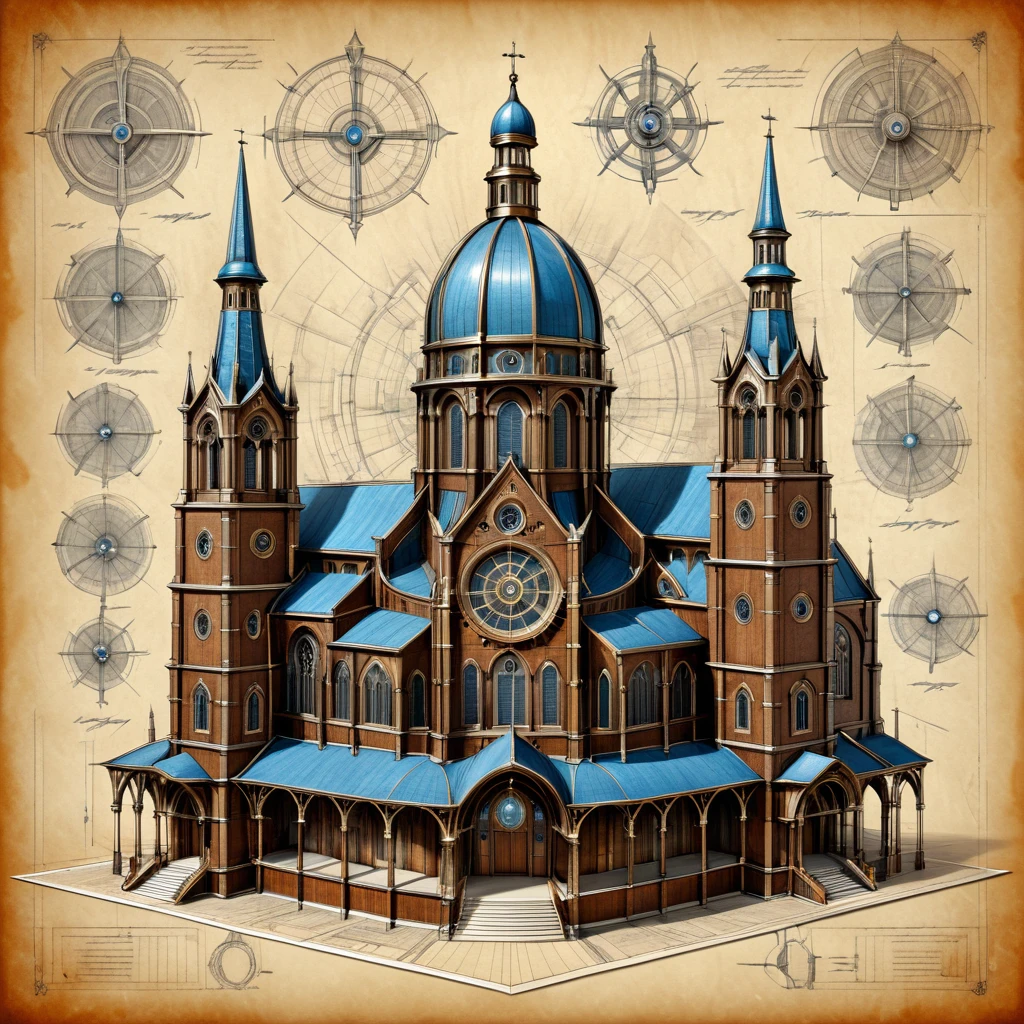 A blueprint of cathedral, technical drawing, Concept art, three-side view, 3D rendering, detailed background, detailed shading, drawing of engraved lines on leather paper, expressive style, featuring a veined texture and notched edges, full-body shot, high resolution, highly detailed and intricate, natural lighting, on veined paper, showcasing the design in a steampunk style, leather background, weathered tone, ultra-realistic, with a veined texture on paper, a very detailed technical drawing with notes on weathered paper.   masterpiece, detailed, best quality, absurd resolution,  <lora:artfully_BLUPRNT3D:0.8>