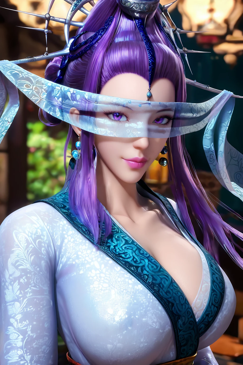 score_9,score_8_up,score_7_up,
pov,1girl,mature female,milf,huge breasts,portrait,cowboy shot,looking at viewer,seductive smile,
Outstanding,master work,32K,UHD,best quality,perfect work,ray tracing,ultra-clear,ultra-high-definition,detailed,ultra-high resolution,Best quality,masterpiece,soft light,official art,masterpiece,high quality,highres,absurdres,best quality,epic scene,natural textures,<lora:Yue Shen Pony:1>,yue shen,veil,eye veil,covered eyes,see-through veil,purple hair,long hair,hair ornament,jewelry,earrings,chinese clothes,lipstick,