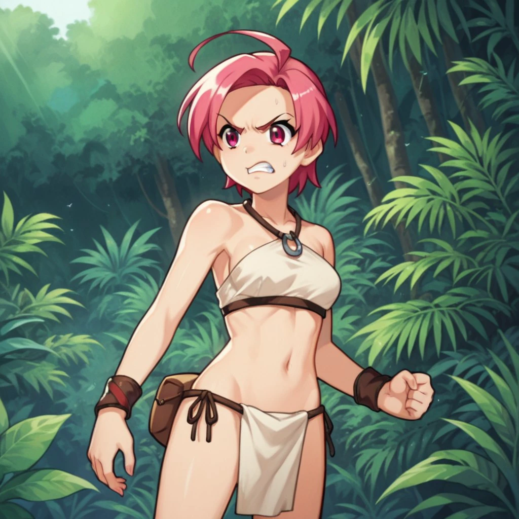 score_9, score_8_up, score_7_up, score_6_up, score_5_up, score_4_up, source_anime,  maippt, female, pink hair, pink eyes,ahoge,  jungle, loincloth, angry, outside, , <lora:a765c64c-0432-4f7b-8d5b-a9fa23acfde9:0.7>