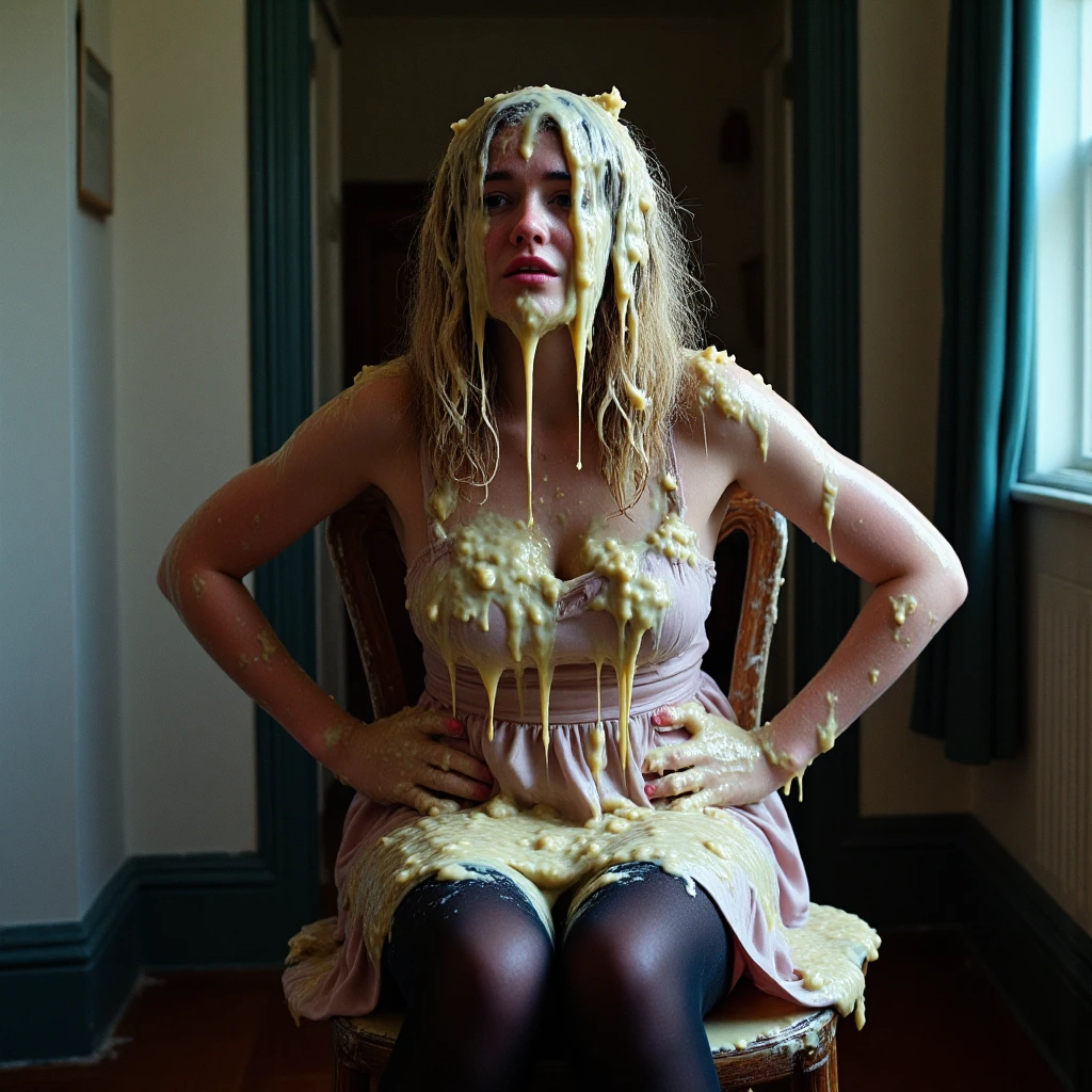 IMG_3478.jpg,a woman Hannah wearing a dress and sheer black tights,she sits on a stool. her friend zoe smears gunge onto her chest. Hannah is engulfed in gallons of slimy oatmeal which cascades over her head. The oatmeal drips over her eybrows and face conceiling her features. rivulets drip from her nose and chin over her body. her hair is heavily coated and matted by the oatmeal . The oatmeal coats her chest dripping in rivulets and her dress and tights are drenched in the oatmeal .her expression is of embarrassment  at the situation,Shot with a medium format camera, using a 85mm lens at f/2.8 for a shallow depth of field.  capturing skin texture and the interplay of light on fabric and oatmeal