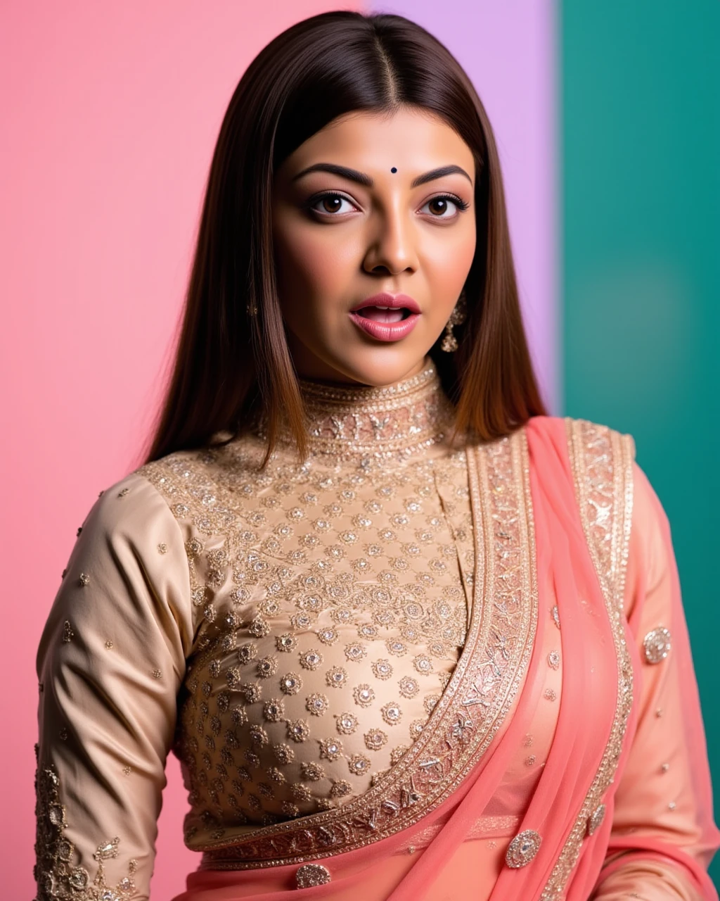 cowboy shot photo of Kajal Aggarwal woman,candid photo with natural colors, shouting expression on face,studio quality, wearing intricate conservative turtleneck Jade Rajasthani Lehenga, straight hair, pastel shaded multicolored background, cinematic soft lighting<lora:TestBed\Kajal_Aggarwal_2024_Flux_Kohya_LoRA_v1.safetensors:1.0:1.0>